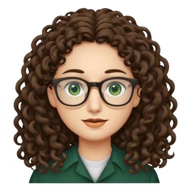 rapariga, olhos verdes escuros, rosto retangular, cabelos muito compridos aos caracóis, com óculos sticker