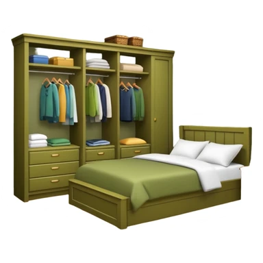organized bedroom, olive green walls, wood bed and closet sticker