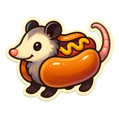 cute cartoon possum dressed up like a hot dog, sticker style, transparent background sticker