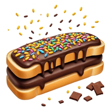 Hagelslag Cinematic Realistic Hagelslag Treat Emoji, depicted as crunchy chocolate sprinkles scattered on a slice of buttered bread, rendered with vivid textures and playful, inviting lighting. sticker
