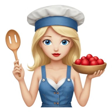 Beautiful, sexy,  long blonde hair, blue eyed, full red lips plunging v neck shirt, denim shorts, chef hat  sticker
