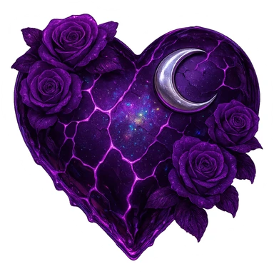 Edit the gothic heart to have cracked deep purple glass, a silver crescent moon, purple roses, shimmering holographic stardust, neon lightning accents, and a glossy wet appearance. Keep the background transparent. The style should reflect a detailed and vibrant gothic aesthetic with emphasis on the glass texture and reflective wet surface. sticker