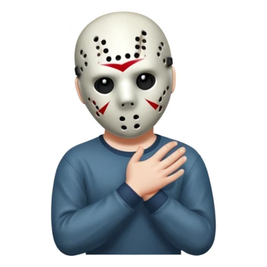a cartoon image of Jason Voorhees, looking cute, with his hands clasped in front of him, at a sideways angle, looks like he is in love sticker