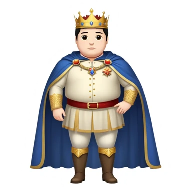Full body of tall, chubby Francisco I with black hair, royal king standing in royal attire with crown and cape, elongated figure sticker