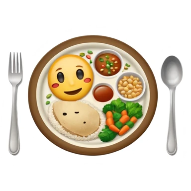  dirty plate after eating, leftover food scraps, vegetable pieces, rice grains, sauce stains on the plate, fork and spoon placed beside the plate, no face, no character, no human features, realistic food leftovers, clean and simple background, soft lighting, high quality, emoji style sticker