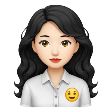 Asian woman, black hair, long permed wavy hair, white button-up shirt, emoji style, flat colors, transparent background. sticker