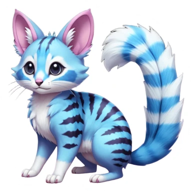 Cyan-blue-Cobalt-blue-magenta-gradients divine beautiful elegant pretty precious cute young youthful  Fakémon-Pokémon-alien-opossum-feline-serval-caracal-chinchilla-Minccino-hybrid-creature with a big fluffy bushy striped tail (full body) sticker