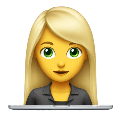 Young woman, long blonde hair with bang, green eyes working on laptop  sticker