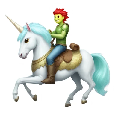 [politically incorrect
	{ man: alien, color: light green, hair:red, eyes:cat} ]
	on a 
	[{ unicorn: white, legged:four, mane: light blue }] sticker