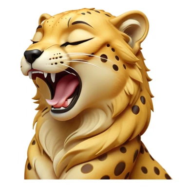 Cinematic Cute Yawning Cheetah Portrait Emoji, Head tilted slightly with a dramatic, wide-open yawn, showcasing a soft, sleek golden Fur with distinctive spots and floppy ears slightly drooping, round amber eyes barely open in drowsy contentment, Simplified yet irresistibly adorable features, highly detailed, glowing with a soft, cozy glow, high shine, relaxed yet expressive, stylized with a touch of savannah whimsy, bright and endearing, soft glowing outline, capturing the essence of a sleepy yet affectionate cheetah, so drowsy it feels like it could stretch right out of the screen and curl up for a nap! sticker