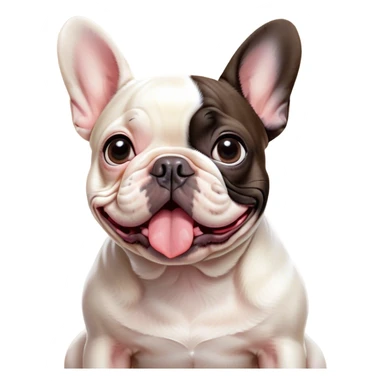 Cinematic Comical Pied French Bulldog Portrait Emoji, Head tilted with an exaggeratedly shocked, comical expression and wide, humorously expressive eyes, showcasing a distinctive pied fur of contrasting hues and a charmingly goofy face, simplified yet hilariously detailed, glowing with a sassy, playful radiance, high shine, exuding a mischievous and meme-worthy charm, styled with a soft glowing outline, capturing the essence of a Pied French Bulldog that looks ready to spark a viral laugh! sticker