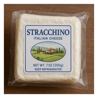 realistic photo of Italian stracchino cheese, stracchino in transparent packaging with label sticker