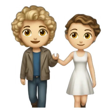 White Girl in deepneck dress with little curls and white boy walking under heavy rain with an umbrella sticker