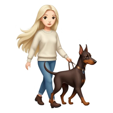A beautiful long-haired white woman wearing a sweater walking a Doberman sticker