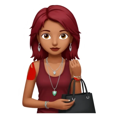 a pretty tan indian bratz girl with messy dark red hair, wearing a dark red tank top, layered silver necklaces. Carrying a black tote bag sticker