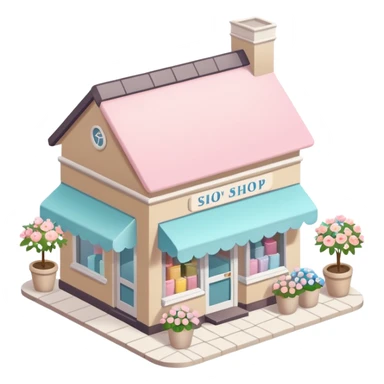 isometric exterior little beige and white shop with abundant pastel florals everywhere sticker