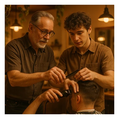 Inside a cozy barbershop with soft lighting, an experienced barber gently teaches his apprentice, guiding his hands as they cut hair together. The room is filled with warmth, plants hanging from the ceiling, and the hum of clippers sticker
