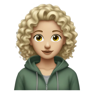 Dirty blonde curly hair, fair skin,dark green eyed blonde girl wearing grey hoodie  sticker