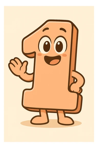 Add a cute, expressive cartoon face to the number 1, keeping the playful cartoon style consistent with chibi stickers style. sticker