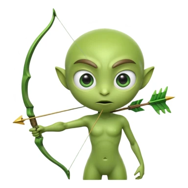 3D emoji-style green alien holding a bow and arrow, glossy texture, smooth skin, large expressive eyes, small humanoid body, minimalist background, soft lighting, Pixar-style rendering, high detail, cute but slightly serious expression, clean centered composition. sticker
