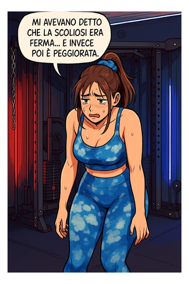 fai questa immagine in versione fumetto/manga/webtoon a colori, il manga mostra la donna disperata con un fumetto sulla testa che dice:
Mi avevano detto che la scoliosi era ferma… e invece poi è peggiorata.
 sticker