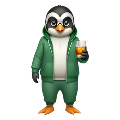 full body friendly anthropomorphised penguin wearing green mafia-style tracksuit, angry confident scheming stance, holding glass of whiskey sticker