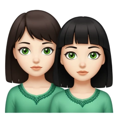 Une fille brune avec tes yeux verts et une peau claire et à côté une fille plus grande avec des cheveux noirs et une frange une pommade des yeux noirs en amande sticker