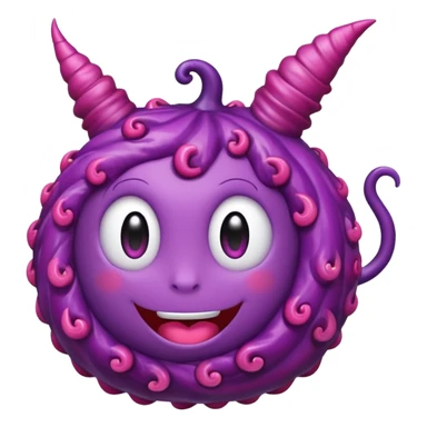 A cute anime-style purple devil fruit with pink spiral patterns, a curly swirl stem on top, glossy texture, simple shading, emoji style, centered on a plain background. sticker