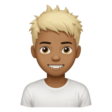 Black Male Teenager with Short punk messy blonde hair, Dark brown bushy eyebrows large expressive golden-brown eyes, wearing a plain white t-shirt, Dark Brown skin color. Fun teeth sticker