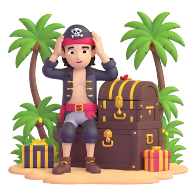 kid pirate with hand on forehead looking for something, one foot on treasure chest, palm trees in background sticker