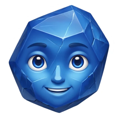 A single sapphire-blue faceted rock head, chunky and worn, with a few visible cracks and chipped facets but still shiny, big kind eyes and a confident smile, 3D game asset, centered on dark background, no body, no other elements. sticker