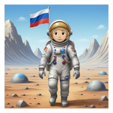Cosmonaut walking on a planet surface, wearing a spacesuit with Russian flag, light hair and light skin visible through helmet sticker