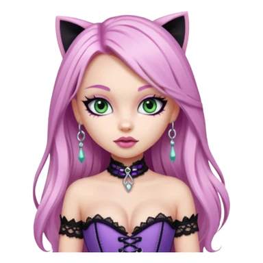 pretty bratz girl, long straight LIGHT pink HAIR, jade kitten eyes, black eyeliner, pale skin, purple corset clothes with laces sticker