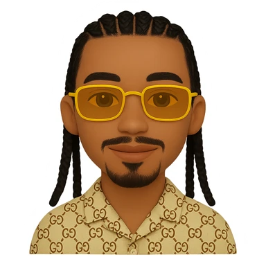 Create an emoji style smiley with a thin face, slightly lighter skin tone, beard only on the chin and a small mustache under the nose (no beard on the cheeks). The hair is black with very detailed braids as shown in the reference photos. The character wears rectangular golden sunglasses and a beige top with a GG pattern and visible collar. The background should be transparent. The details of the braids and face should be faithful to the reference photos. sticker