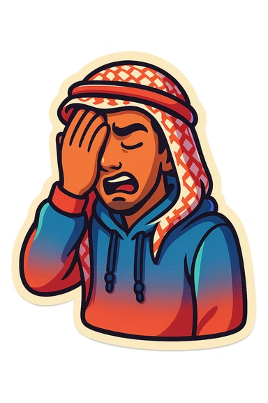 cartoonish, bold, vibrant emoji-style sticker of Ara, an Arab young man with medium brown skin, black hair, wearing casual urban Middle Eastern streetwear like a keffiyeh scarf or hoodie, facepalming with exaggerated expression sticker