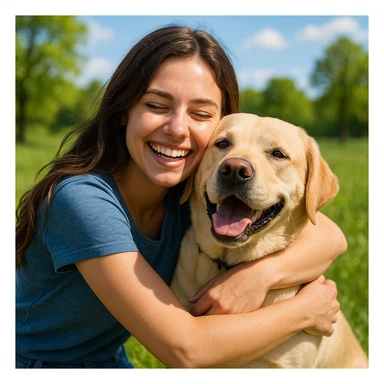 brunette girl hugging a yellow labrador dog, cheerful atmosphere, bright and happy outdoor environment sticker
