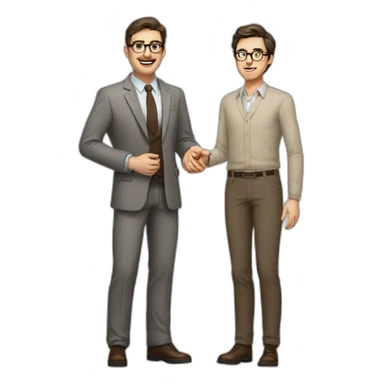 Full height Actively gesturing with hands Pale skinned fit man with dark brown hair in gray jacket, beige office shirt, brown tie, brown pants and vintage glasses. sticker