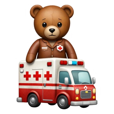 a leather teddy bear inside an ambulance driving an ambulance sticker