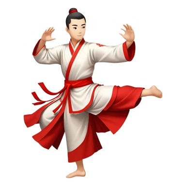 Emblem symbolizing Wushu martial arts. A graceful martial artist performs a dynamic kung fu pose, with flowing movements and a long, elegant robe. The background features stylized clouds and traditional Chinese symbols, representing fluidity, balance, and precision. Transparent background. sticker