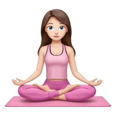 Brunette long hair and blue eyes yoga beautiful girl in light pink pink pink clothes sitting on a yoga mat sticker