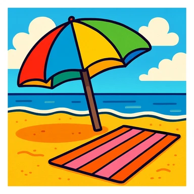 colorful beach umbrella and towel on sand, bright and cheerful style sticker
