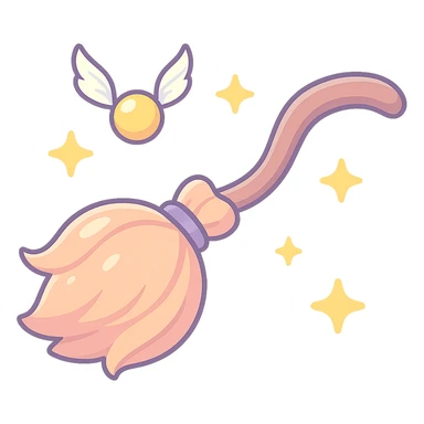 Edit the witch's broom to have a curved handle, a voluminous broom head with smooth lines and no rough division into twigs. Add some small stars around the broom. Use thin, clean contours and soft rounded shapes in a pastel palette with colors #98B5BC, #B5B3C1, #C9A3C9, #E4C0CA, #F7DCD1, #F7C0AA. The style should reflect modern Japanese pop art and sticker aesthetics with detailed shadows and highlights, soft lighting, and a transparent background. sticker