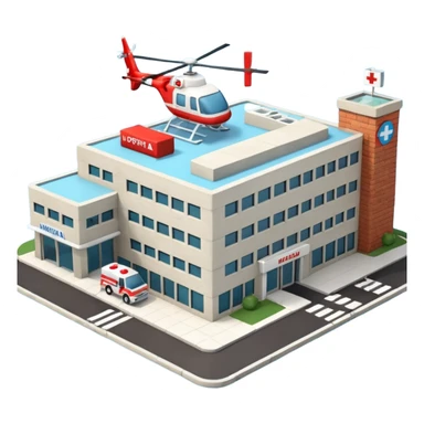 3d hospital outside, with text hospital, ambulance, helicopter , no background sticker