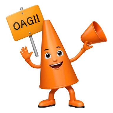 orange traffic cone with three legs dancing with sign in his hand saying “oagi” sticker