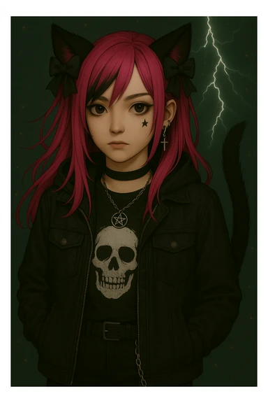 Add a stylish face tattoo, such as a small heart or star under the eye, to the character in the image. Keep the modern streetwear outfit, emo style, pink hair, dark magical accessory, sparkles, stormy background, and normal face. Render in a realistic anime style. sticker