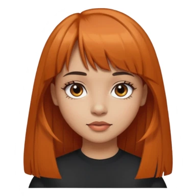 Light skin girl, black to brown orange-ish hair, big brown eyes and medium straight hair with bangs above the eyebrow  sticker