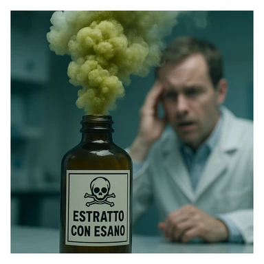 Enhance the toxic vapor coming out of the bottle to be much more visible and dramatic, resembling a threatening cloud. Highlight the chemical label 'Estratto con esano' making it clearly readable and central in the scene. Further blur the person in the background, emphasizing their worried expression. Maintain the photorealistic style, surreal atmosphere, and cold clinical lighting. sticker