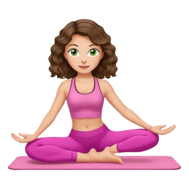 White, green-eyed, brunette cute feminine lady emoji with wavy hair doing pilates wearing pink pilates fit sticker