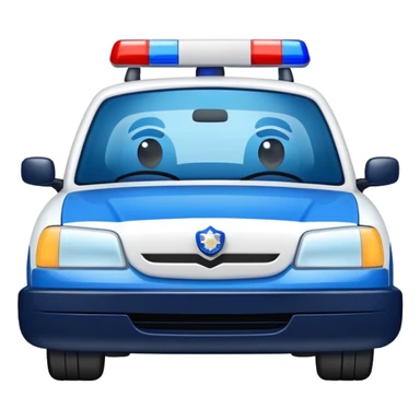 A blue and white police car with a friendly smiling face on the front sticker