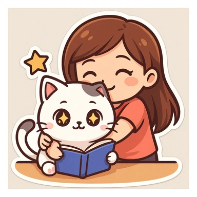 A kitten sitting at a table holding a book with stars in its eyes, and a girl hugging him from behind, sticker style. sticker